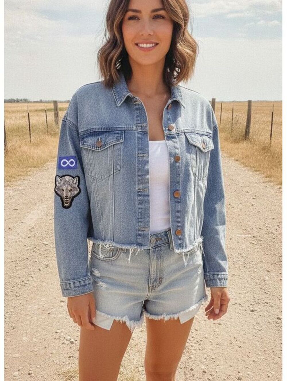 No Boundaries Cropped Denim Jacket XXL Distressed Hem Patch Sleeve Y2K